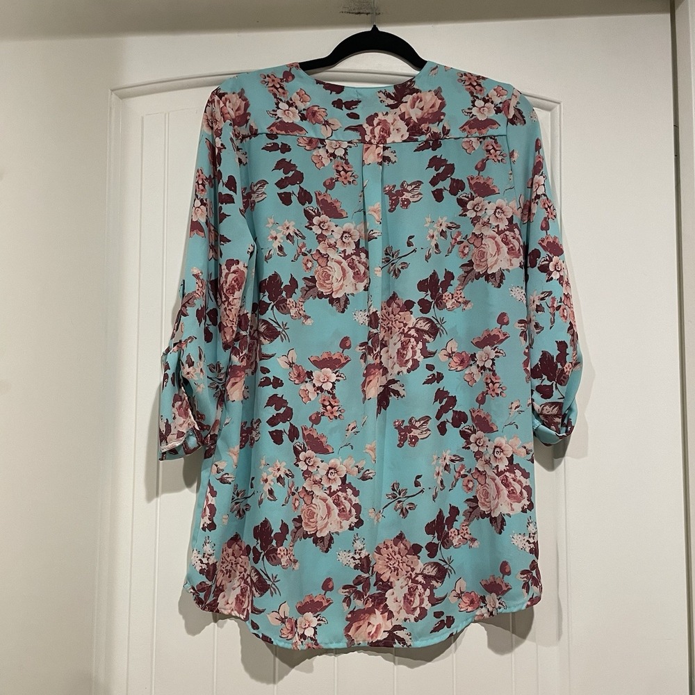 Rue 21 Women's Blouse Size Large Blue Floral Shirt Gold Zipper - Picture 4 of 4